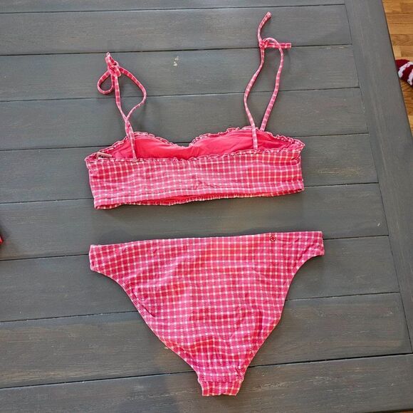 Red Carter Amour Gingham Shirred Bandeau Bikini Top & Bottom Set Size Large - Picture 4 of 15